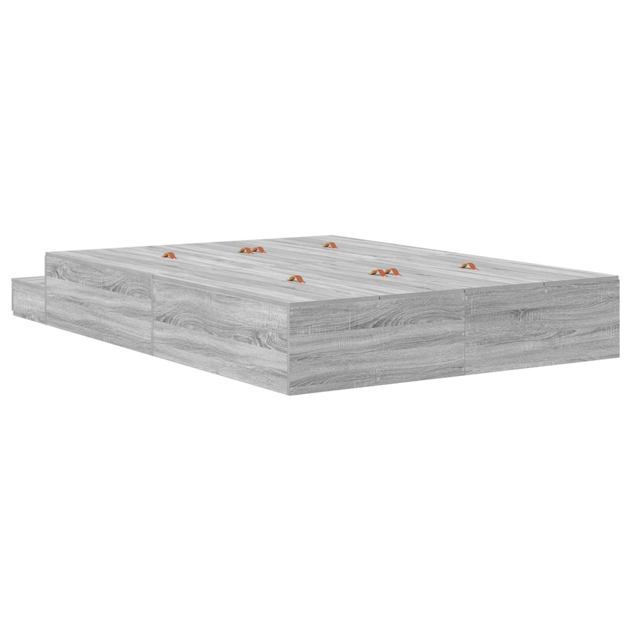 Opslagbedframe Grijs Bewerkt Hout 135,5 X 190 X 31,5 Cm Artisanaal Eiken