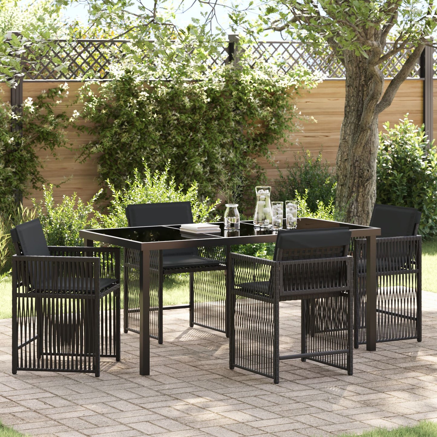 5-Delige Tuindining Set Met Kussens Zwart Poly Rattan