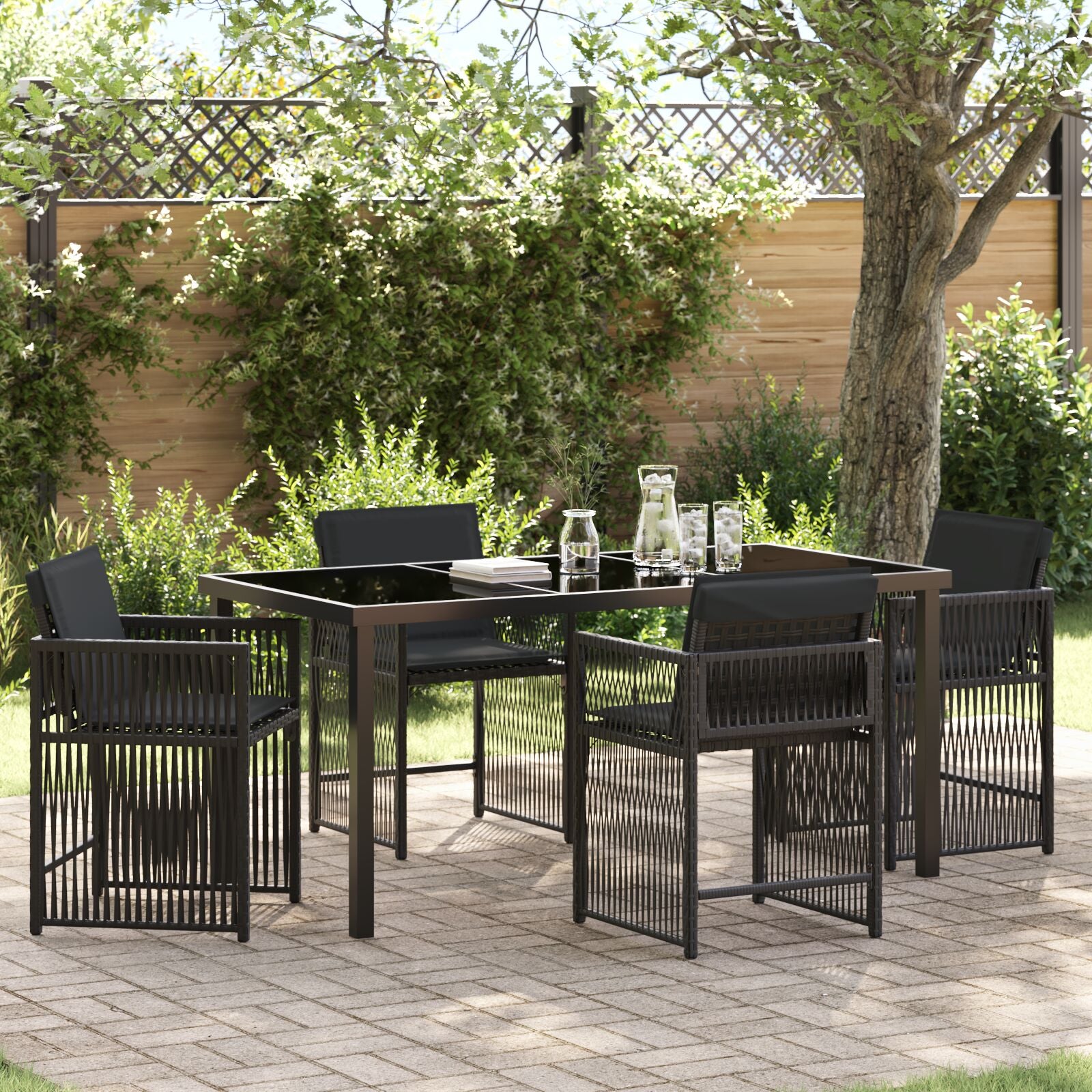 5-Delige Tuindining Set Met Kussens Zwart Poly Rattan