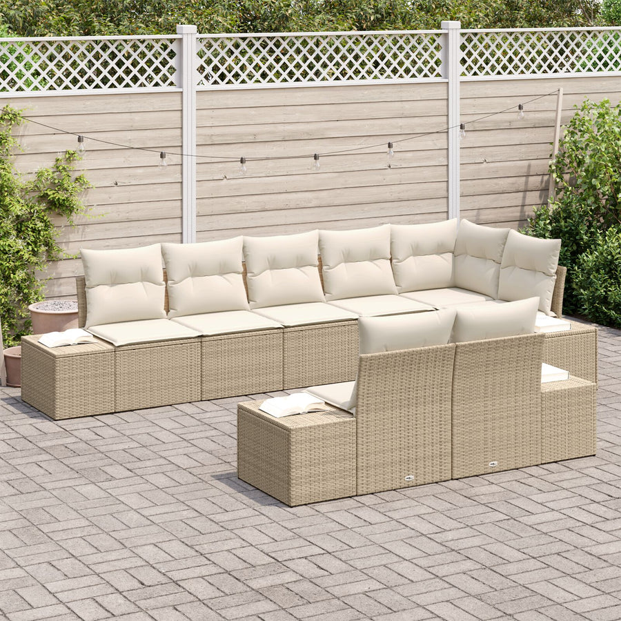 8-Delige Tuinbankset Met Kussens Poly Rattan Beige en wit zonder tafel