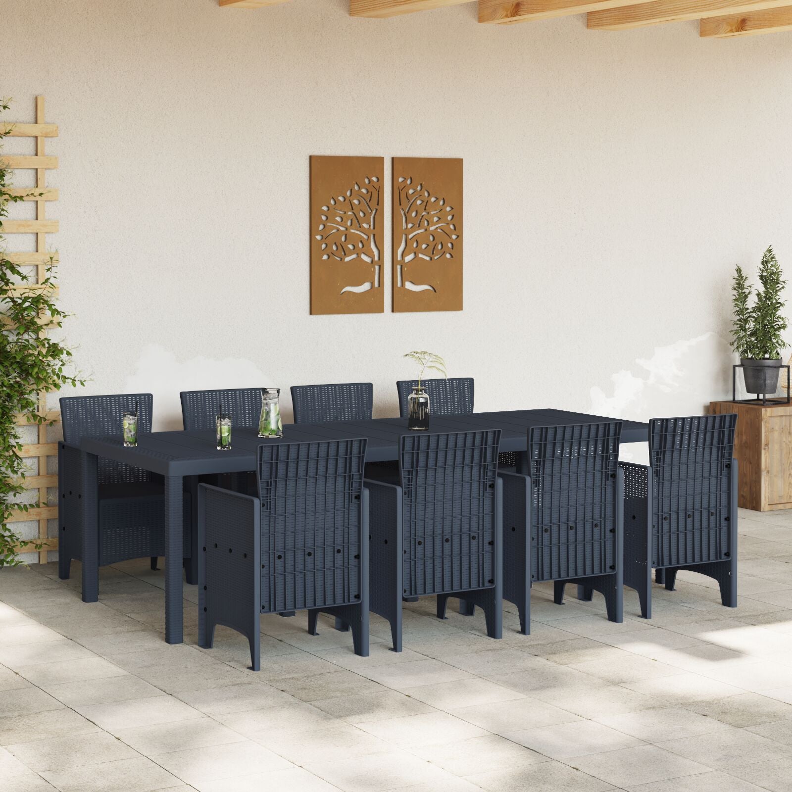 9-Delige Tuin Eettafel Set Anthraciet Poly Rattan