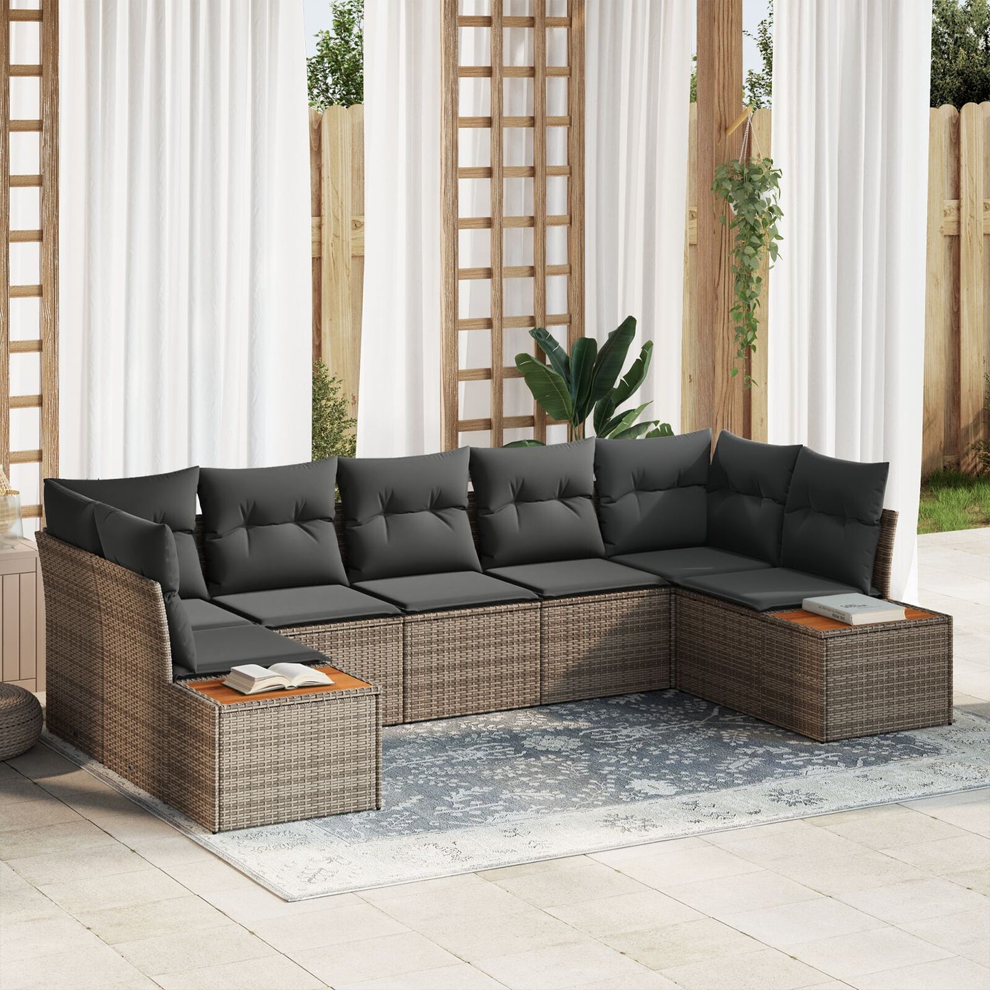 7 Delen Tuin Sofa Set Met Kussens Grijs Poly Rattan Acacia
