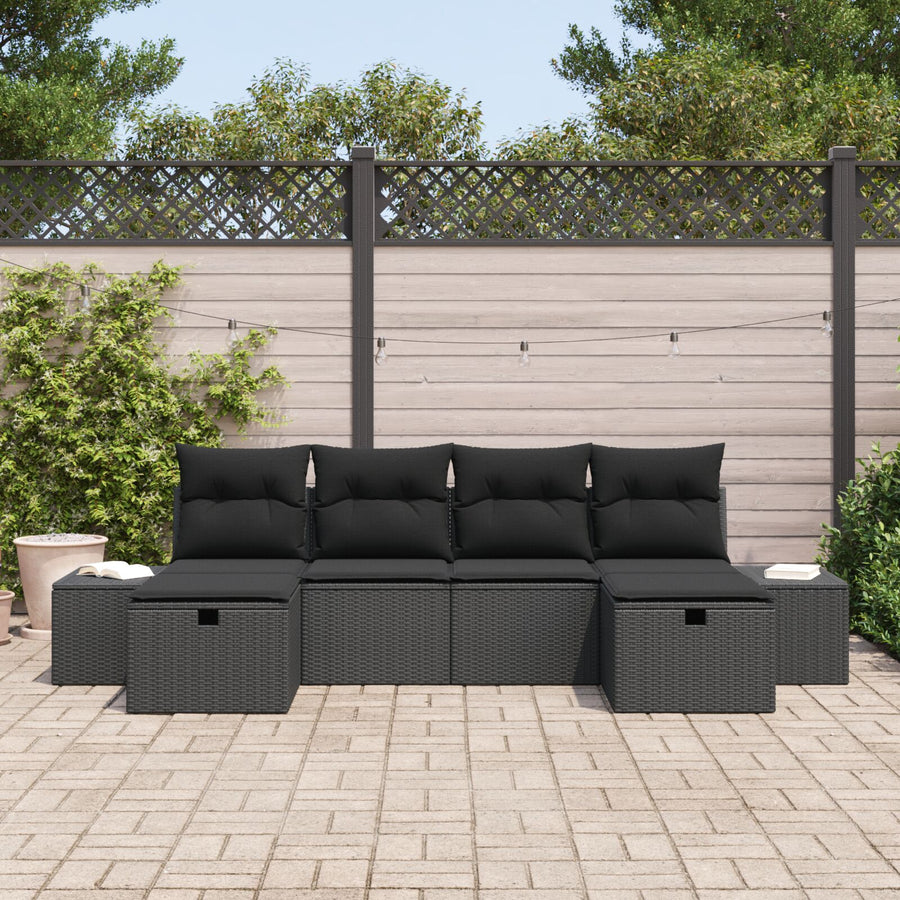 6-Delige Tuinsofa Set Met Kussen Zwart Poly Rattan