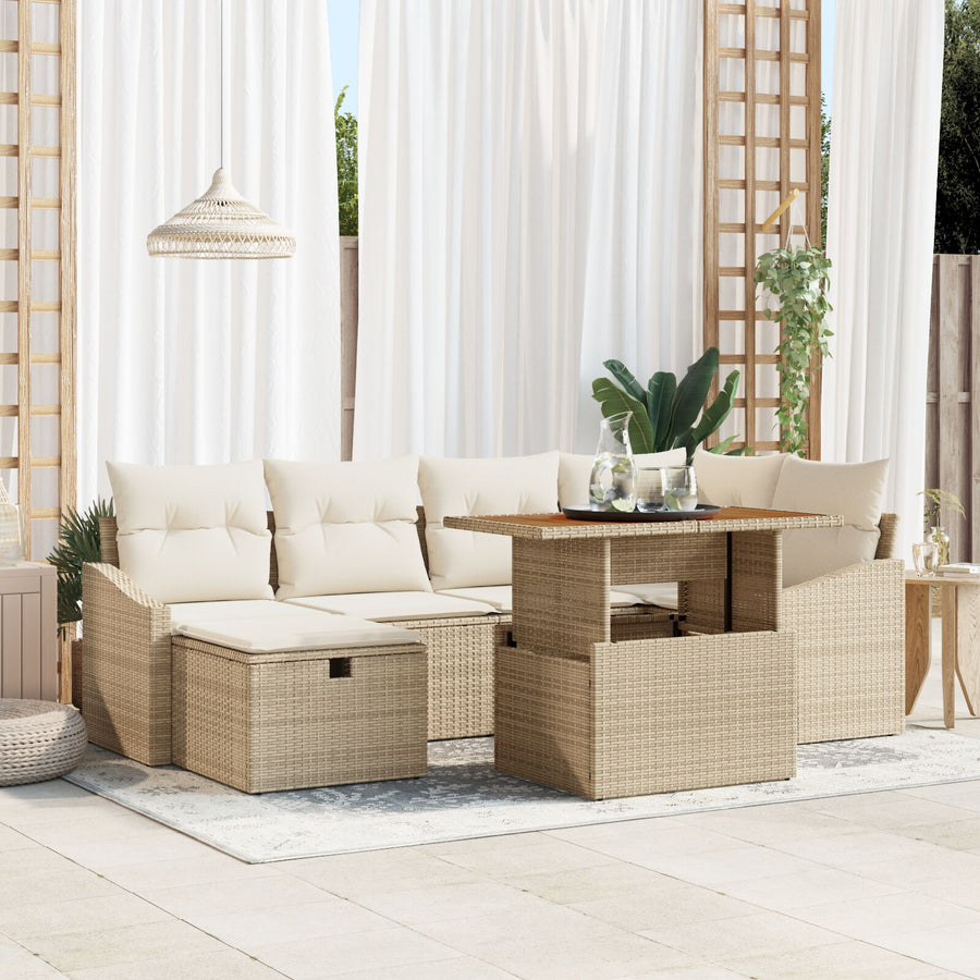 7-Delige Tuinsofa-Set Met Kussens Beige Poly Rattan Wit