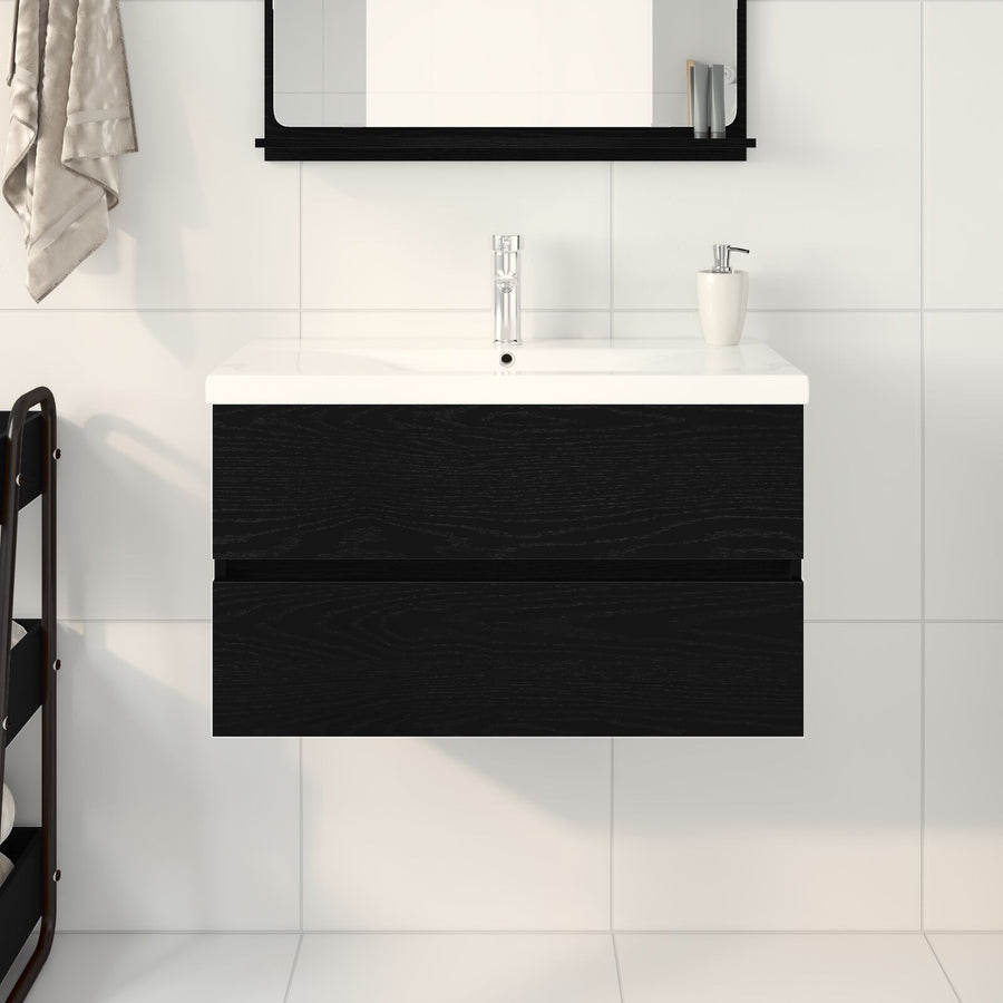 Wastafelkast Met Ingebouwde Wastafel Zwart Eiken Engineered Hout,  Wastafelkast Zwart Eiken 80X38.5X45 Cm Engineered Hout