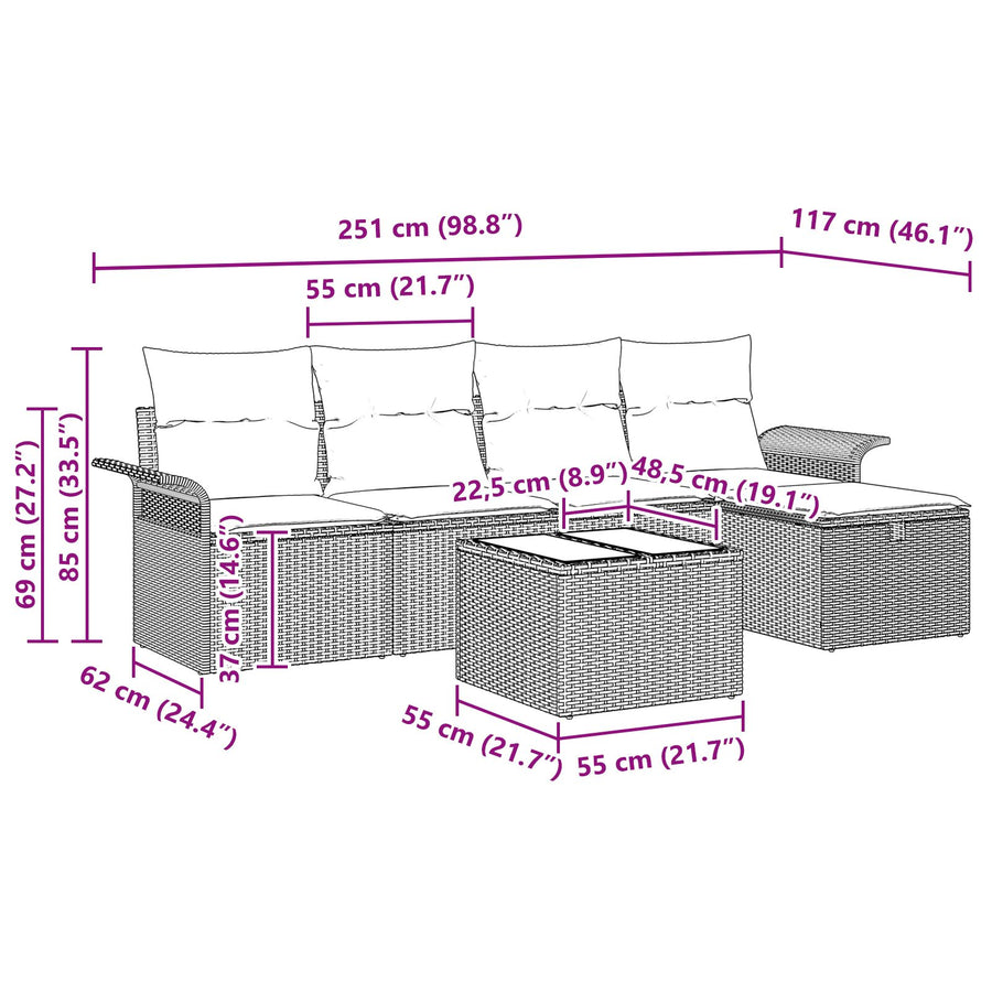 6-Delige Tuinsalonset Met Kussens Grijs Poly Rattan