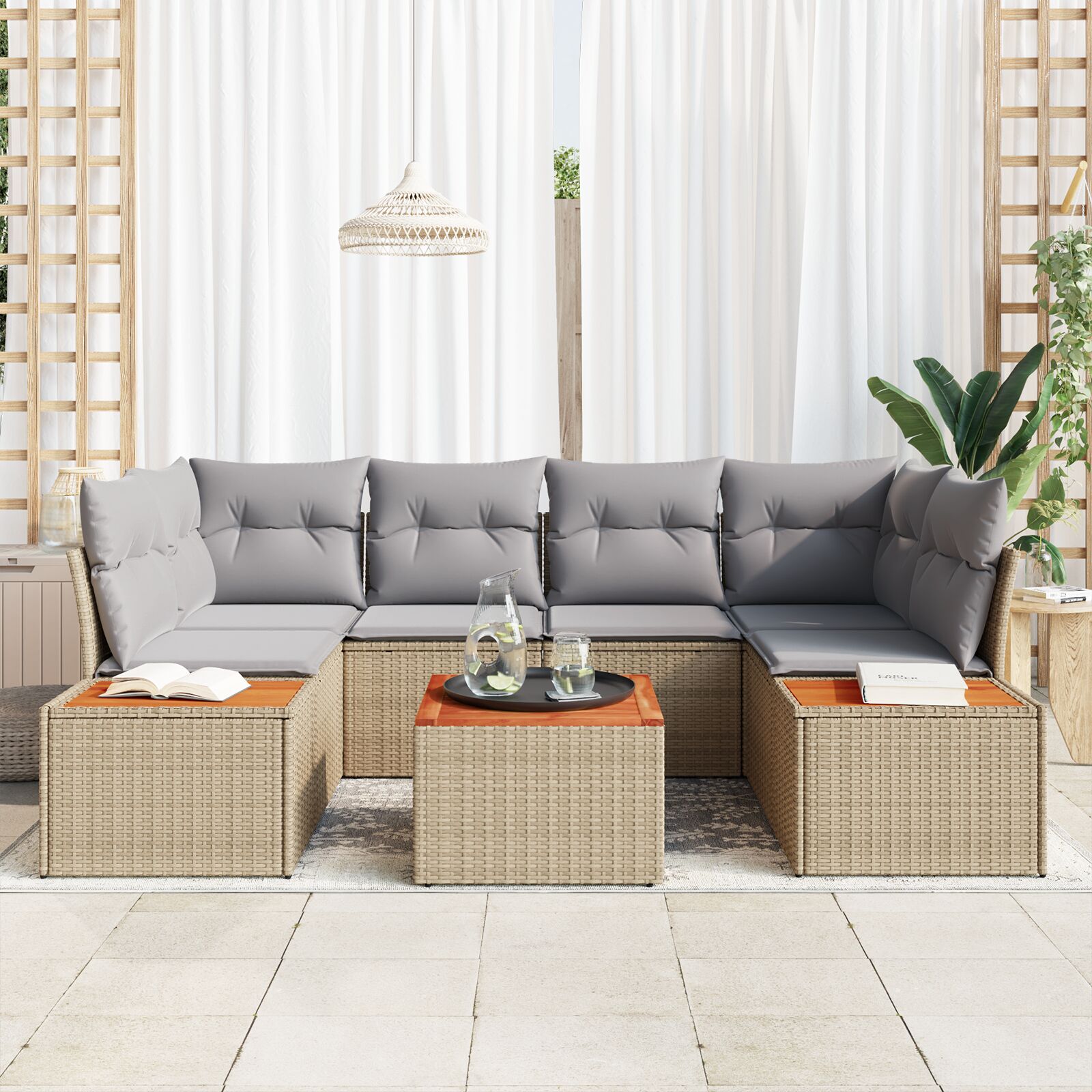7-Delige Tuin Sofa Set Met Kussens Beige Poly Rattan Acacia