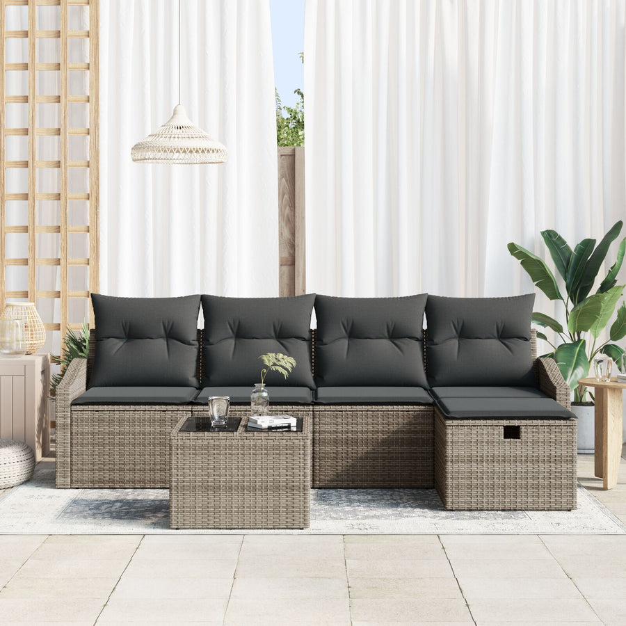 6-Delige Tuinsofa Set Met Kussens Grijs Poly Rattan