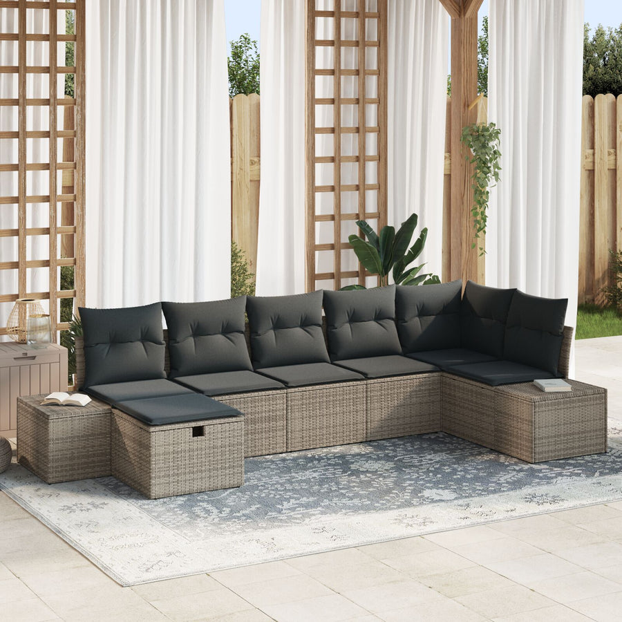 7-Delige Tuinsalon Set Met Kussens Grijs Poly Rattan Wit