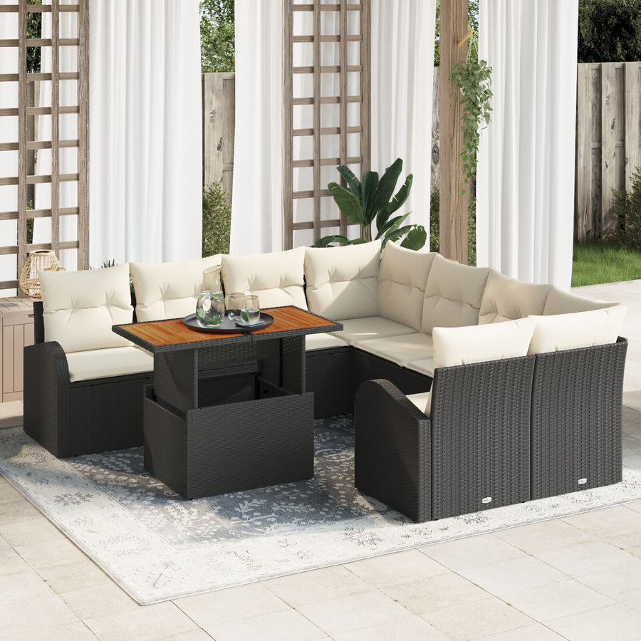 9-Delige Tuin Eetset Met Kussens Zwart Poly Rattan Acacia
