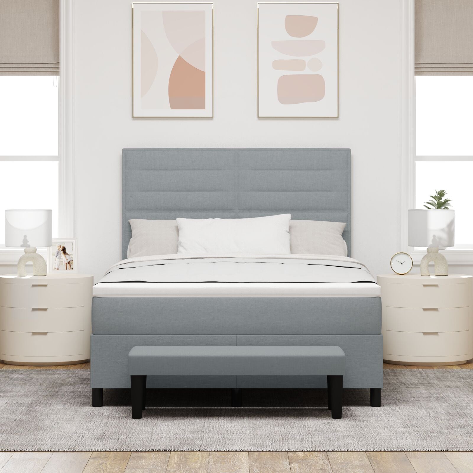 Boxspringbed Met Matras & Bank Stof Lichtgrijs 140 x 190 cm Lijnen ontwerp