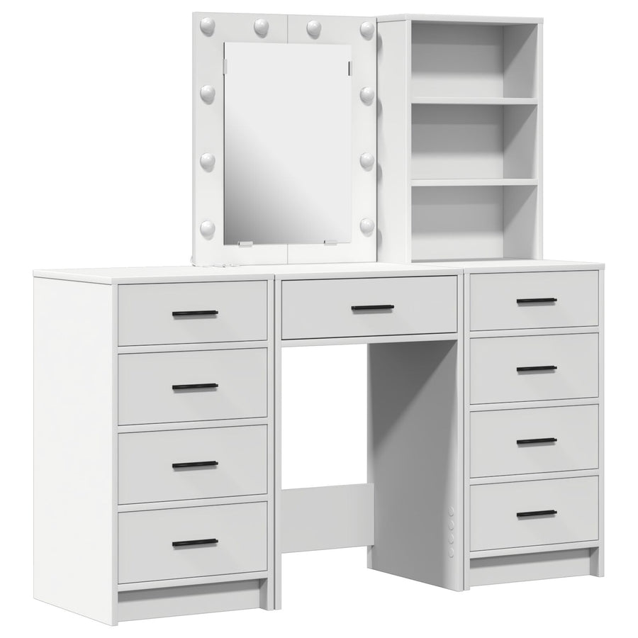 3-Delige Kaptafel Set Met Led Wit Bewerkt Hout
