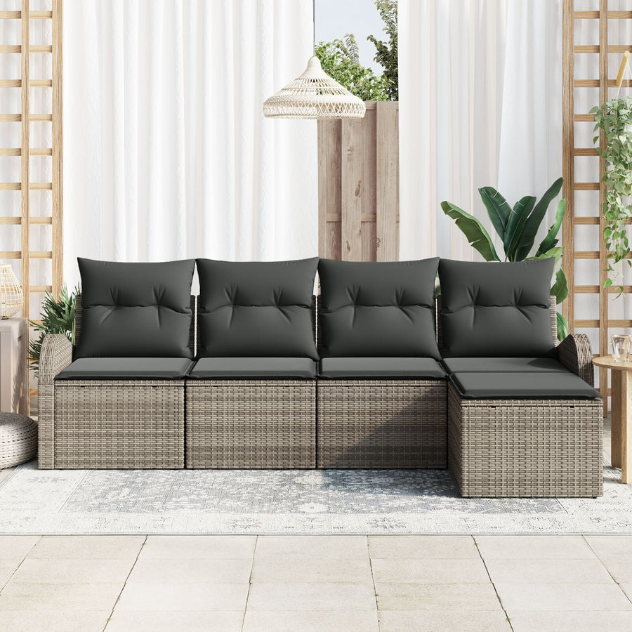 5-Delige Tuinbankset Met Kussens, Grijs Poly Rattan