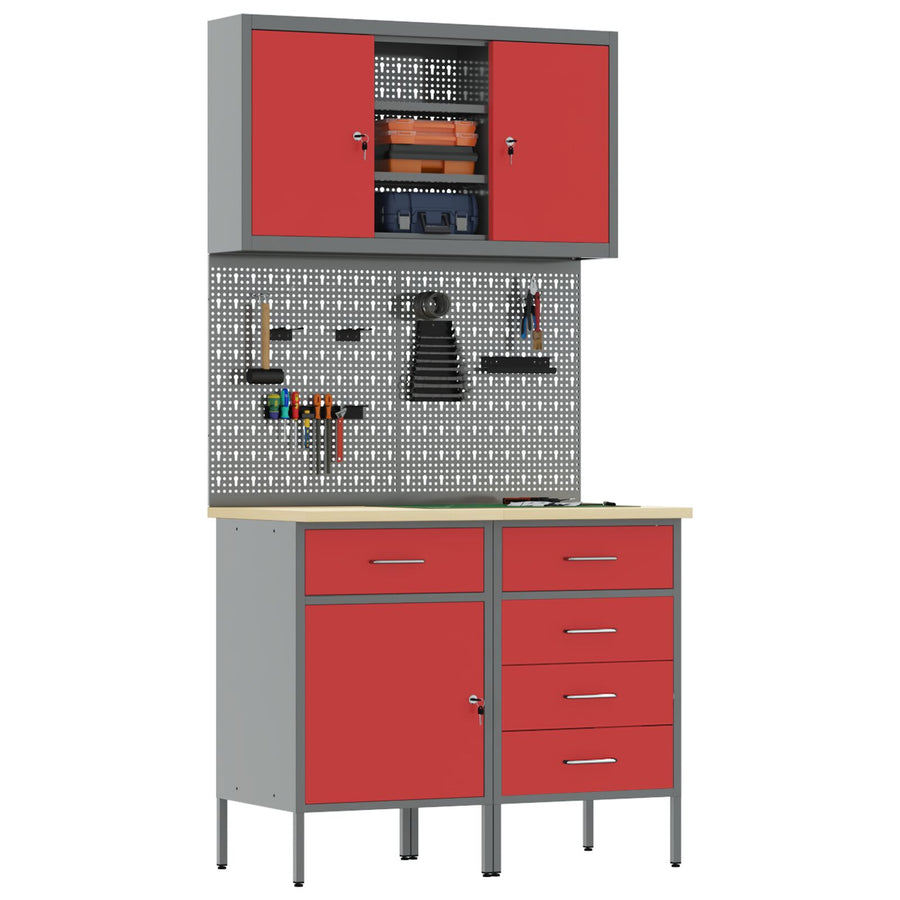 5-Delige Werkbank Set Staal 2x (84/85 cm) Rood 2x kast + 2x gereedschapspaneel + kast met deur