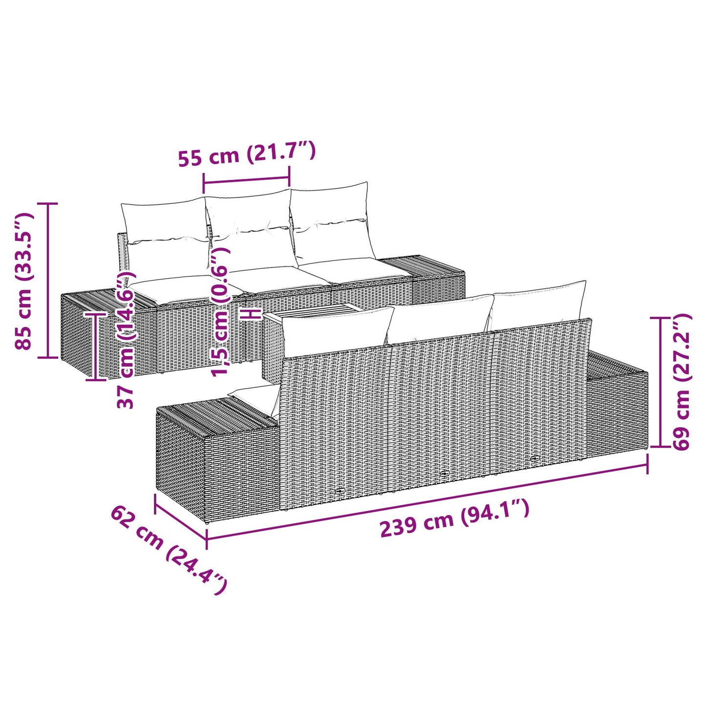 7-Delige Tuinbankset Met Kussens Zwart Poly Rattan Acacia