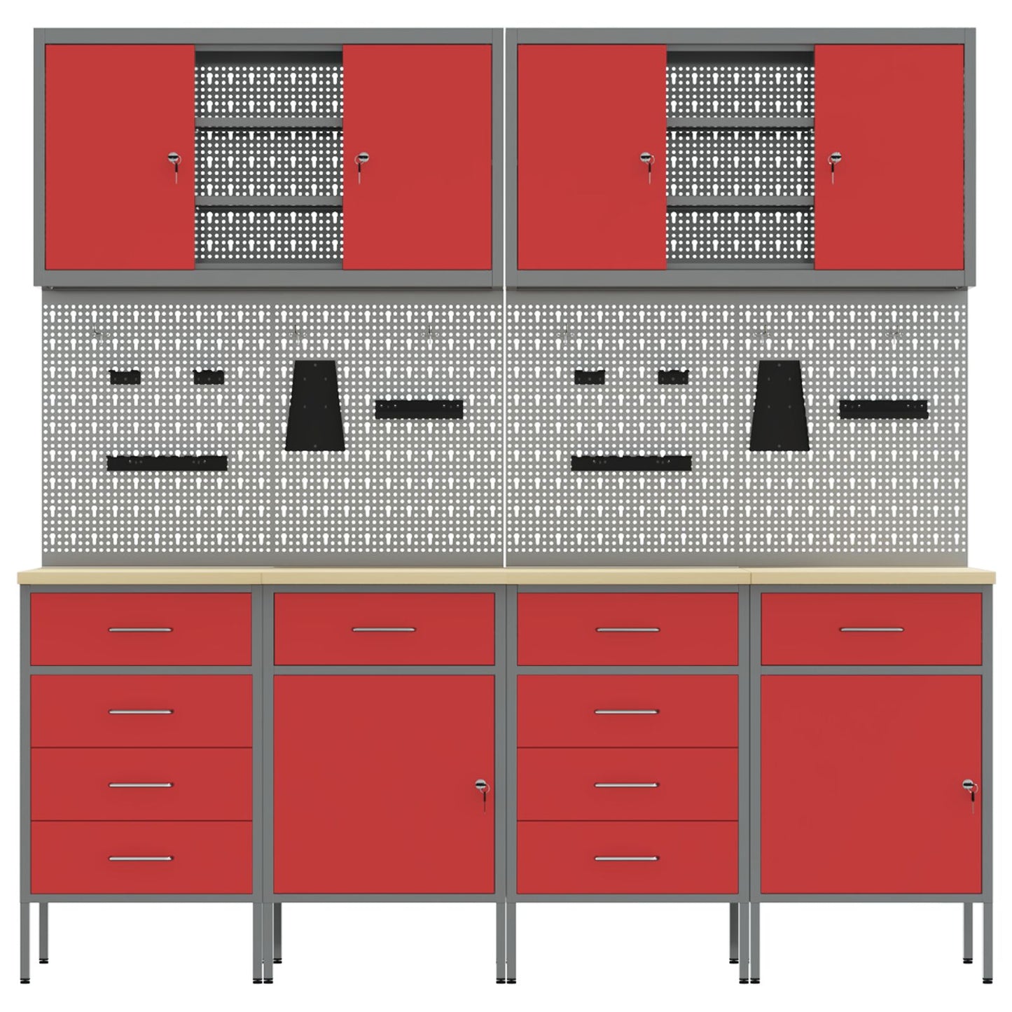 10-Delige Werkcabinet En Pegboard Set In Mdf En Metaal 4x (2x84/2x85 cm) Rood 6x kast + 6x pegboard