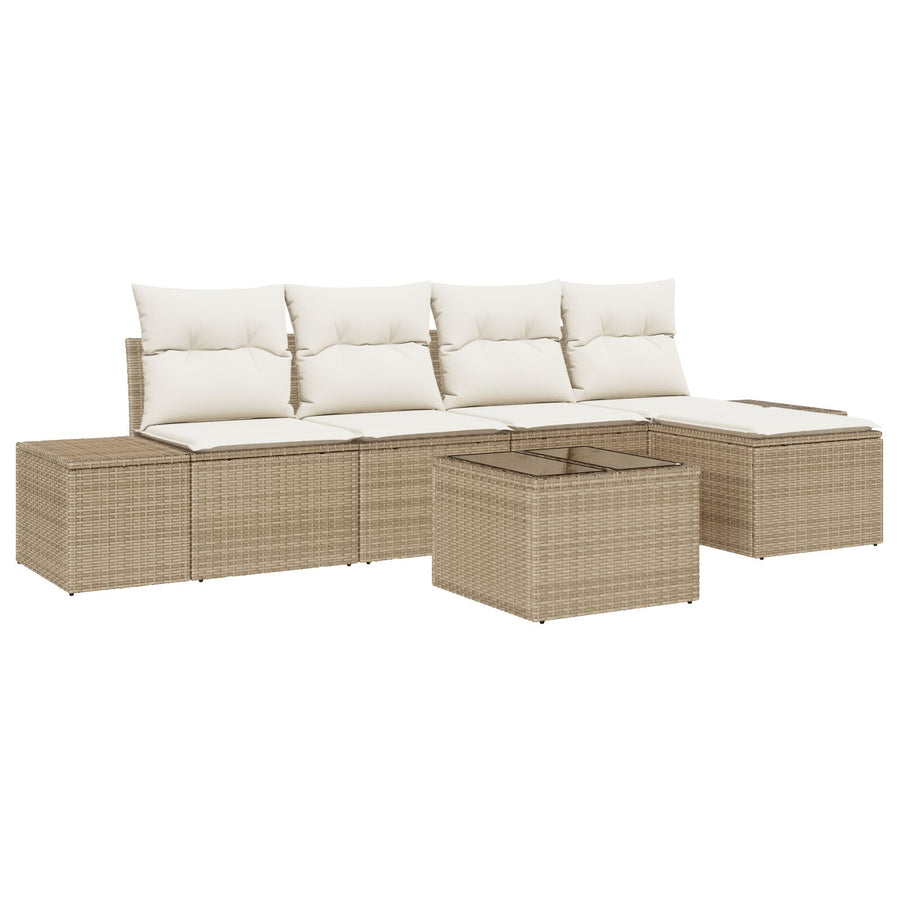 6-Delige Tuin Sofaset Met Kussens Bruin Poly Rattan Beige en wit met tafel