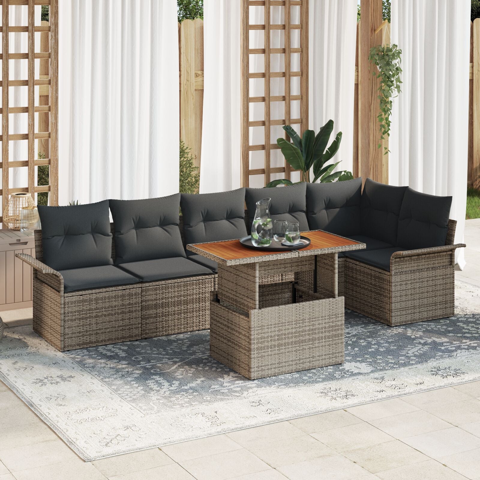 Tuinbank Set Set Van 7 Grijs Poly Rattan, Gehard Glas Tuin Tafels