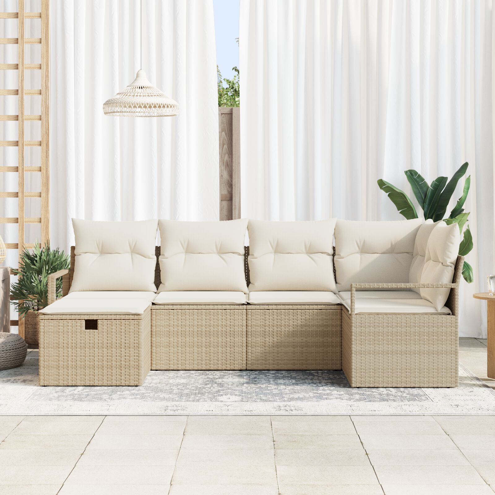 6-Delig Tuin Sofa Set Met Kussens Beige Poly Rattan, 2-Zits Tuin Sofa Met Opslag & Kussens Beige Poly Rattan Wit