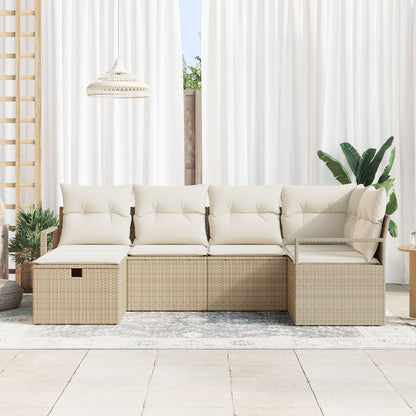 6-Delig Tuin Sofa Set Met Kussens Beige Poly Rattan, 2-Zits Tuin Sofa Met Opslag & Kussens Beige Poly Rattan Wit