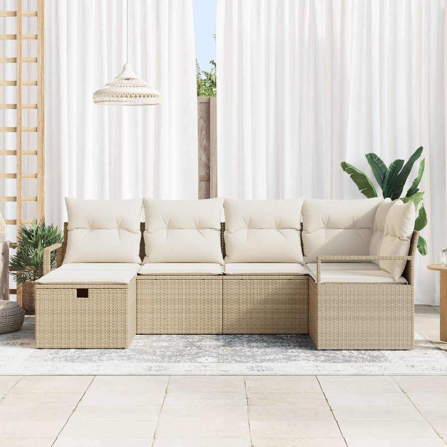 6-Delig Tuin Sofa Set Met Kussens Beige Poly Rattan, 2-Zits Tuin Sofa Met Opslag & Kussens Beige Poly Rattan Wit