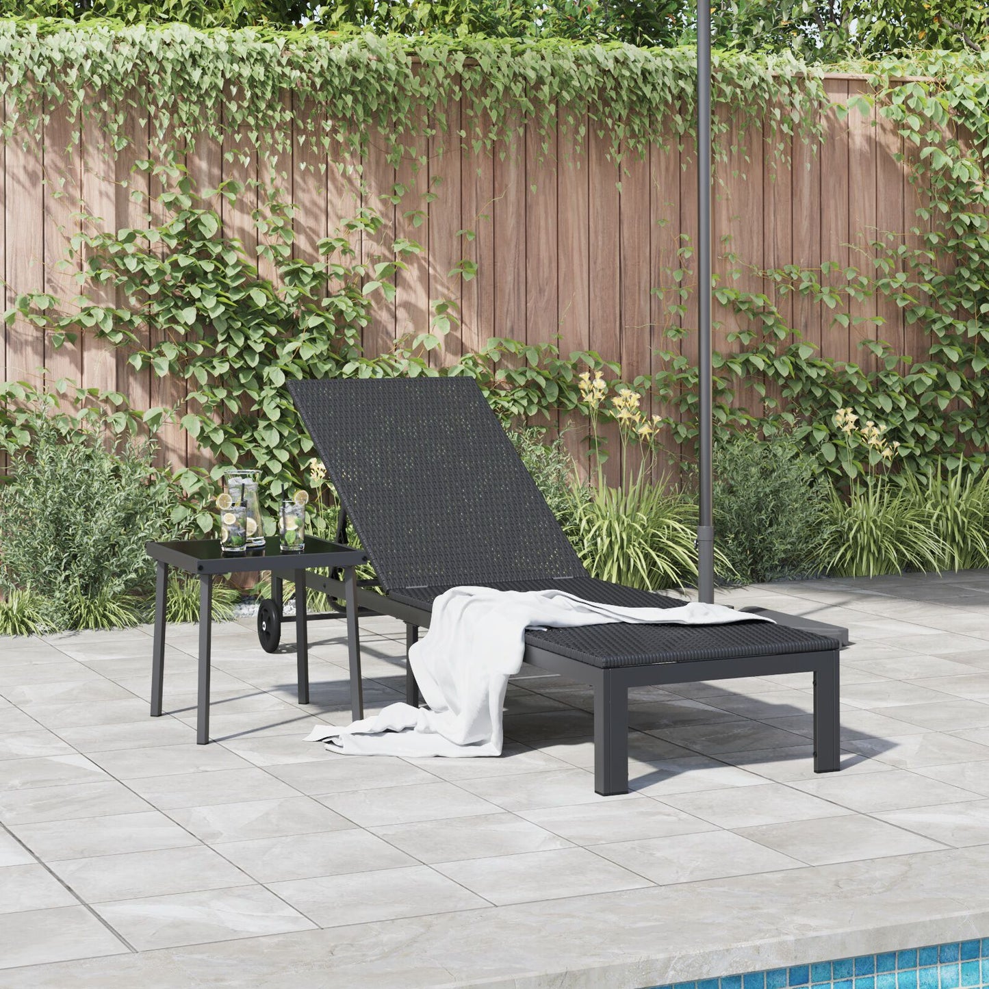 Zonnebed Met Wielen Poly Rattan Zwart 200 x 54 x 27.5 cm