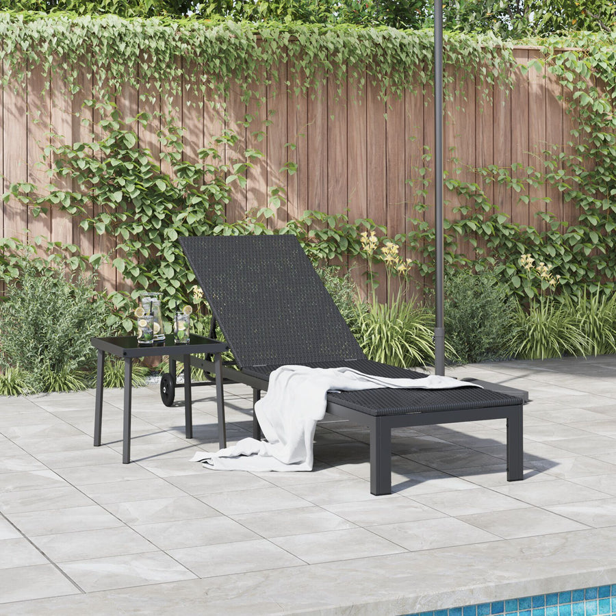 Zonnebed Met Wielen Poly Rattan Zwart 200 x 54 x 27.5 cm