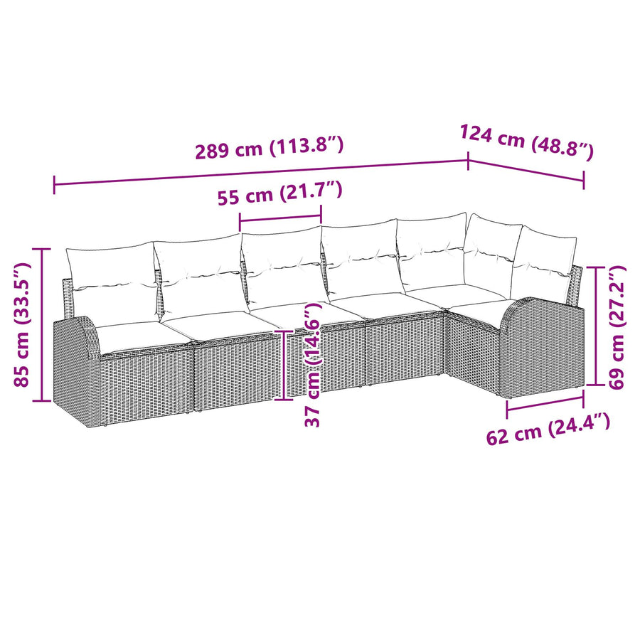 6-Delige Tuin Sofa Set Met Kussens Poly Rattan Zwart zonder tafel