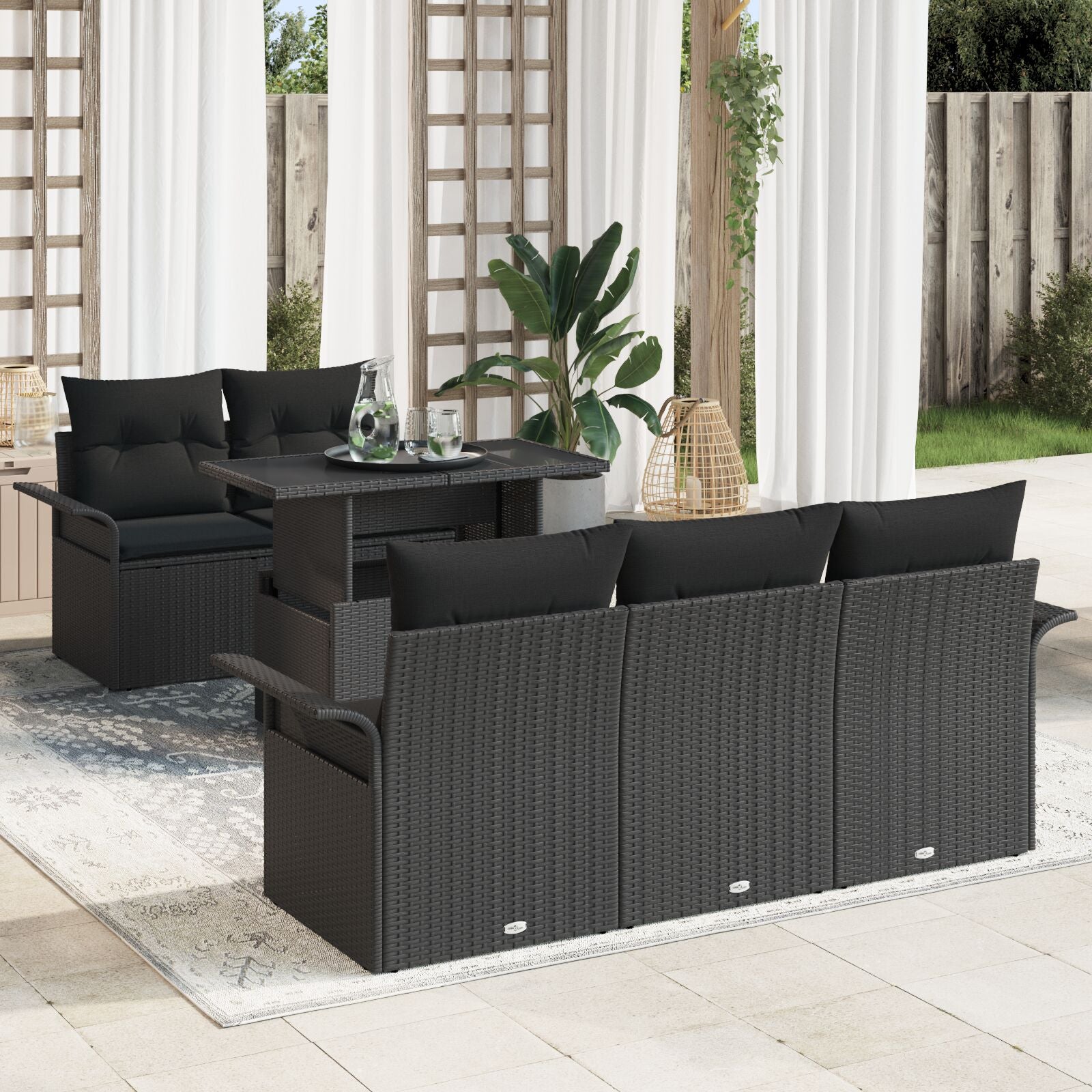 6 Delige Tuin Sofa Set Met Kussens Zwarte Poly Rattan