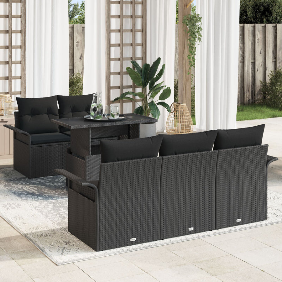 6 Delige Tuin Sofa Set Met Kussens Zwarte Poly Rattan