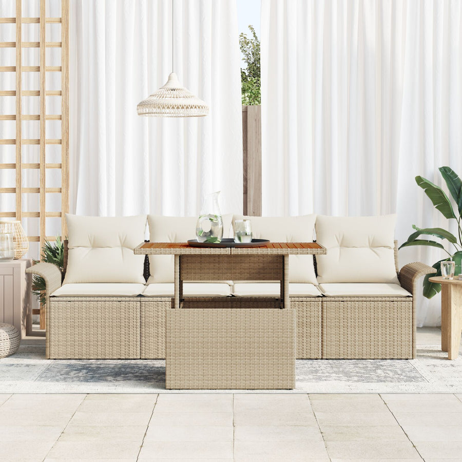 5-Delige Tuinbankset Met Kussens Beige Poly Rattan Acacia