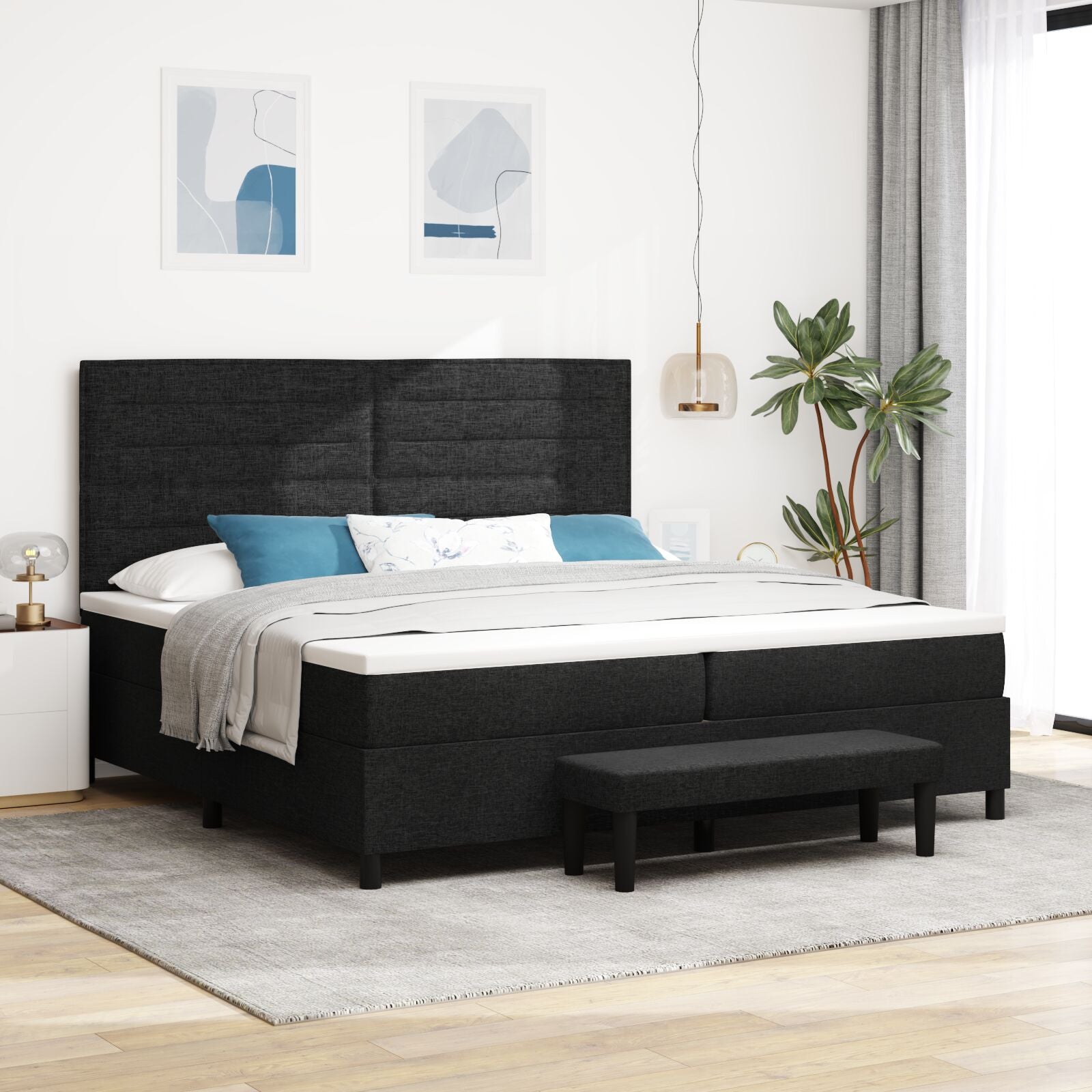 Boxspring Bed Met Matras & Bank Stof Zwart 200 x 200 cm Lijnen ontwerp