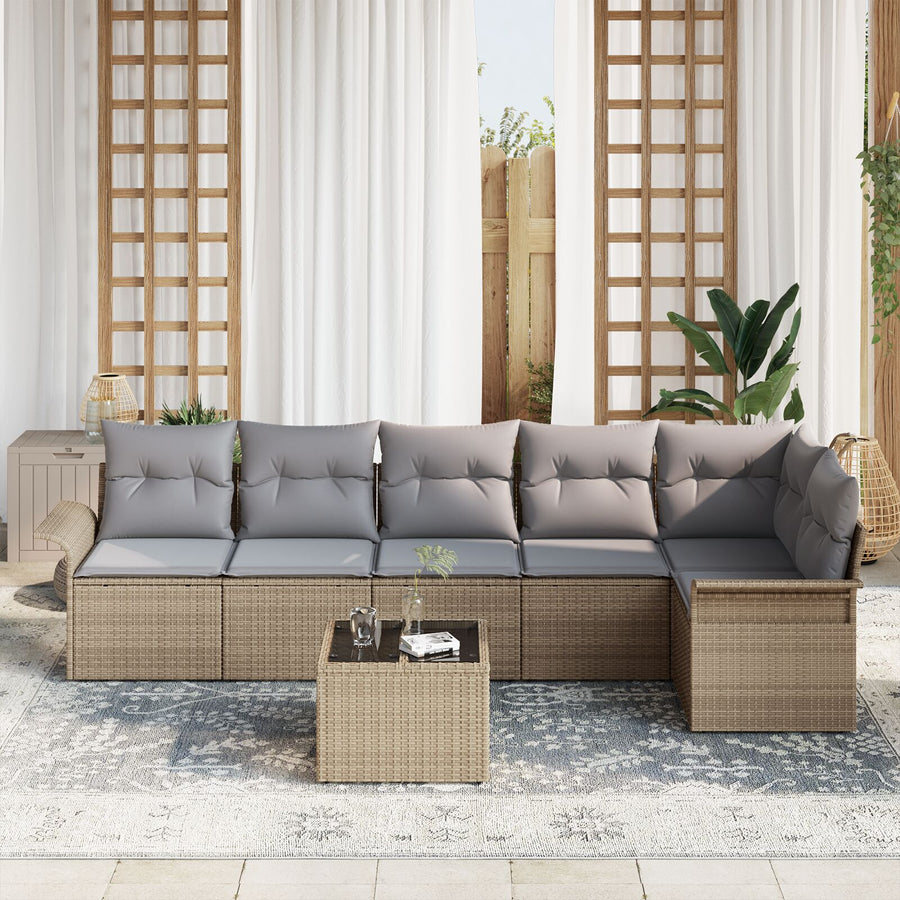 7-Delige Tuinsofa Set Met Kussens Zwart Poly Rattan Beige en grijs met tafel