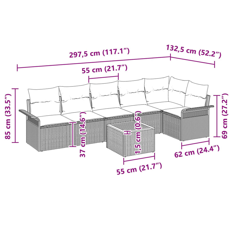 7-Delige Tuin Sofa Set Met Kussens Beige Poly Rattan Acacia