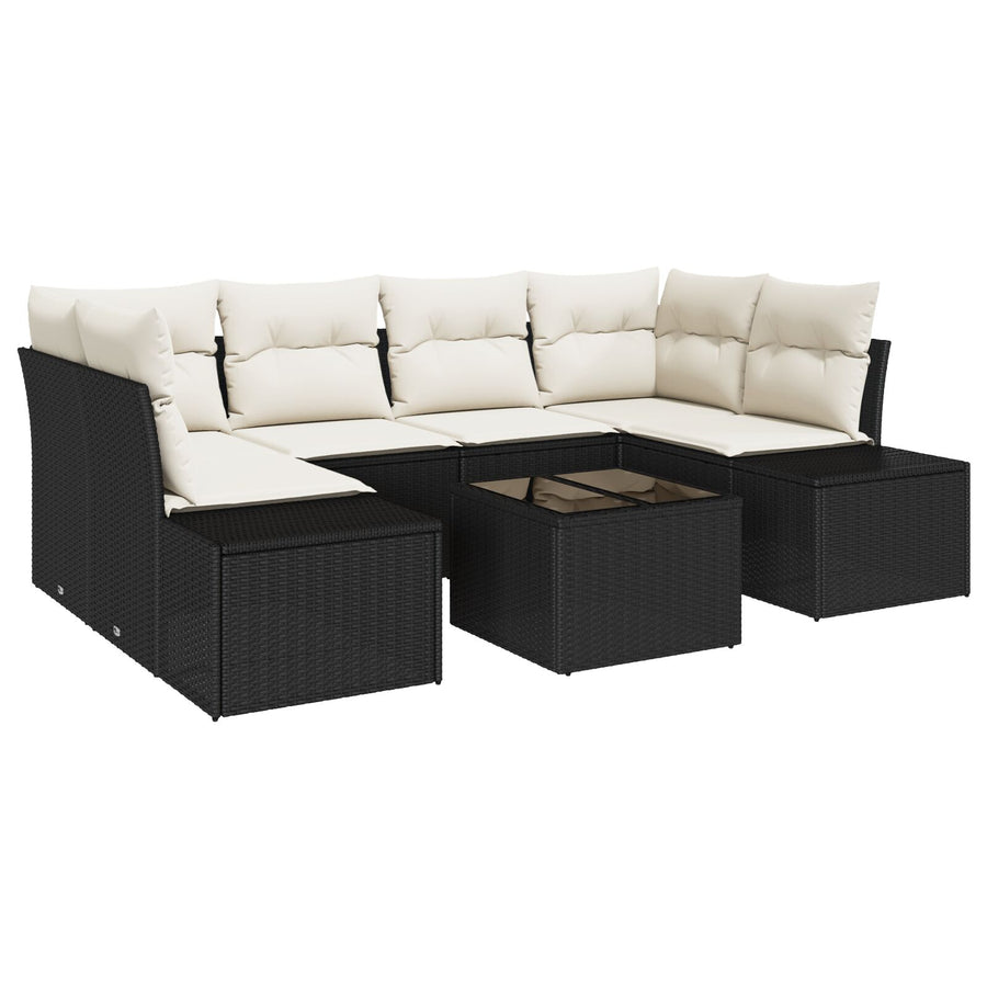 7-Delige Tuin Sofa Set Met Kussens Zwart Poly Rattan