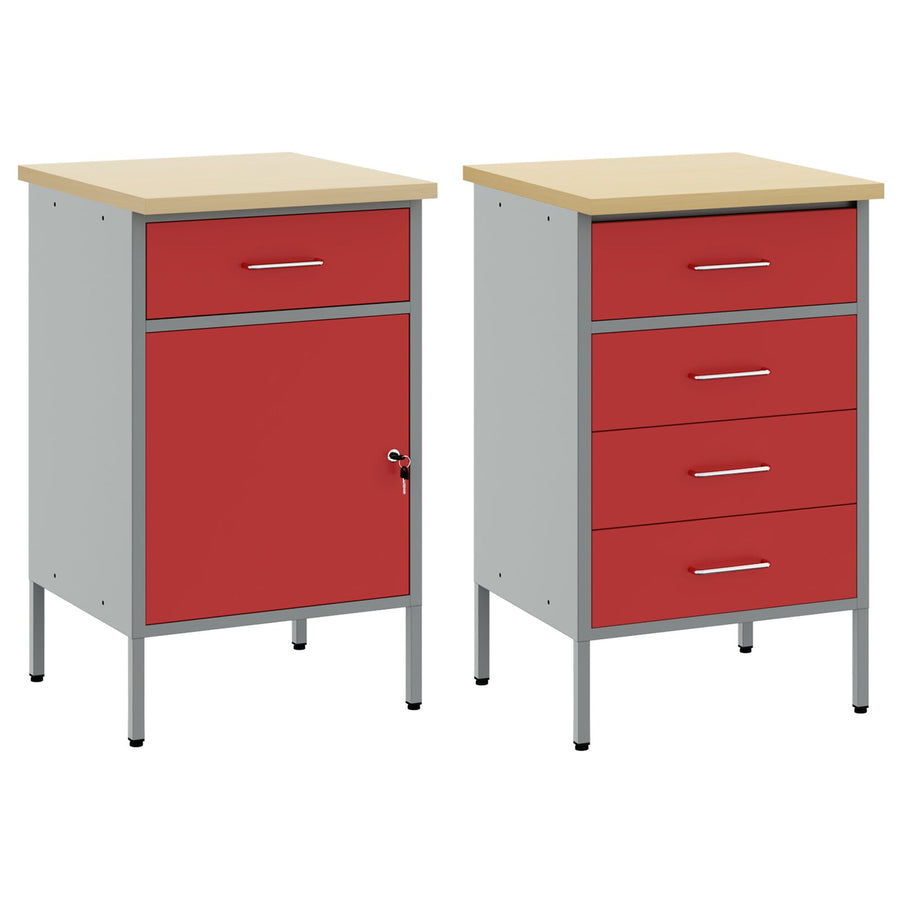 2-Delige Werkcabinet Set En Grijs Van Gelaagd Hout En Staal 2x (84/85 cm) Rood 2x kast