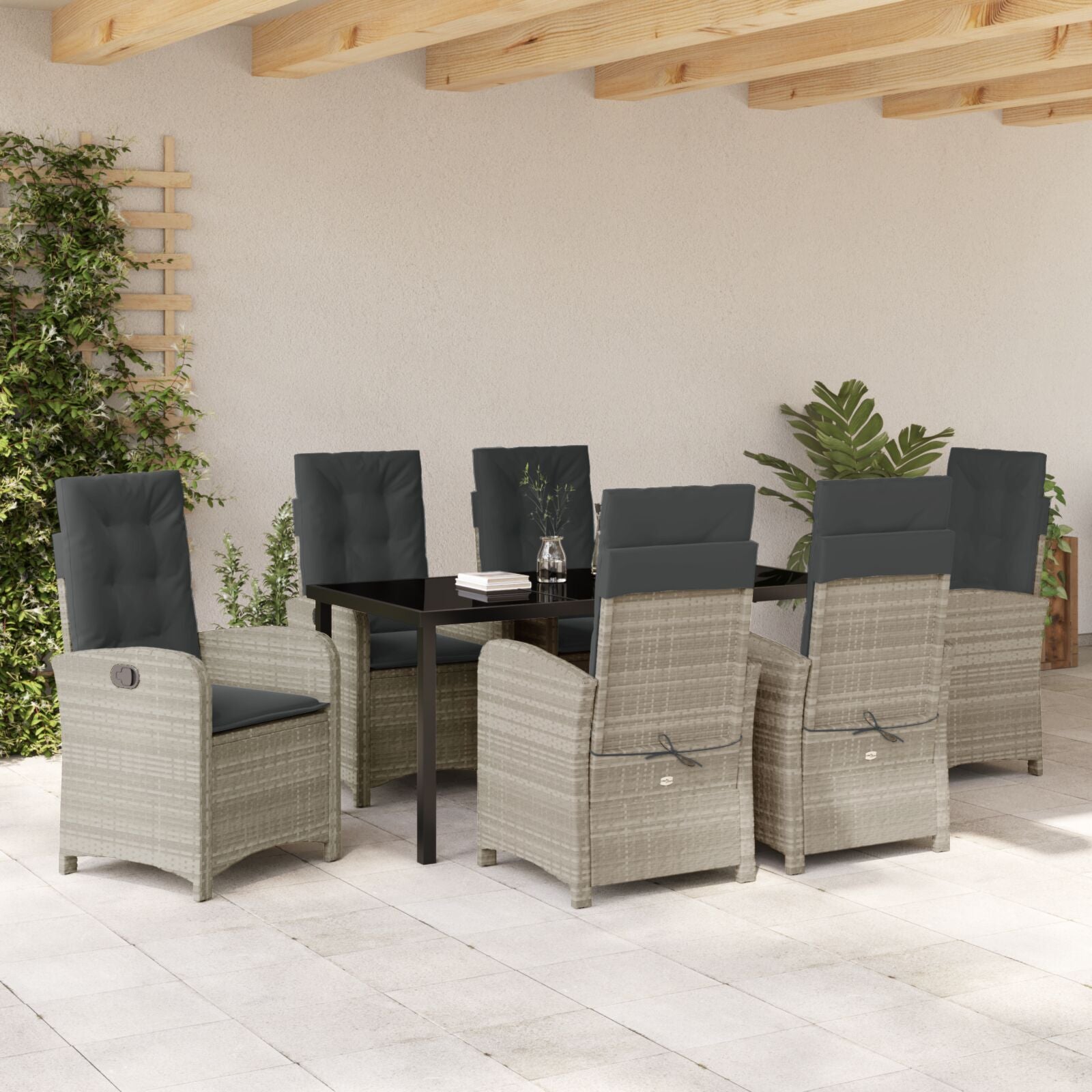 7 Delige Tuin Eettafel Set Met Kussens Lichtgrijs Poly Rattan