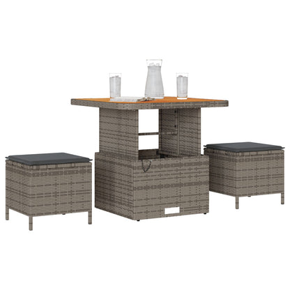 3-Delige Tuin Eetset Met Kussens Poly Rattan Acacia 80 cm Grijs 2 krukken
