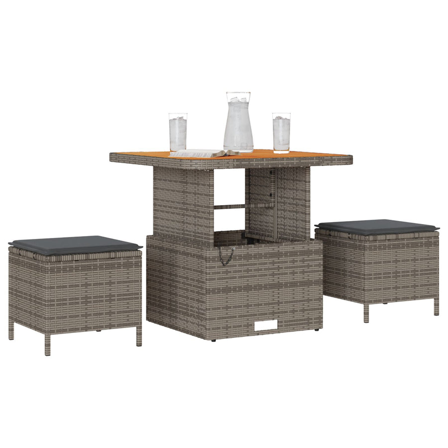 3-Delige Tuin Eetset Met Kussens Poly Rattan Acacia 80 cm Grijs 2 krukken