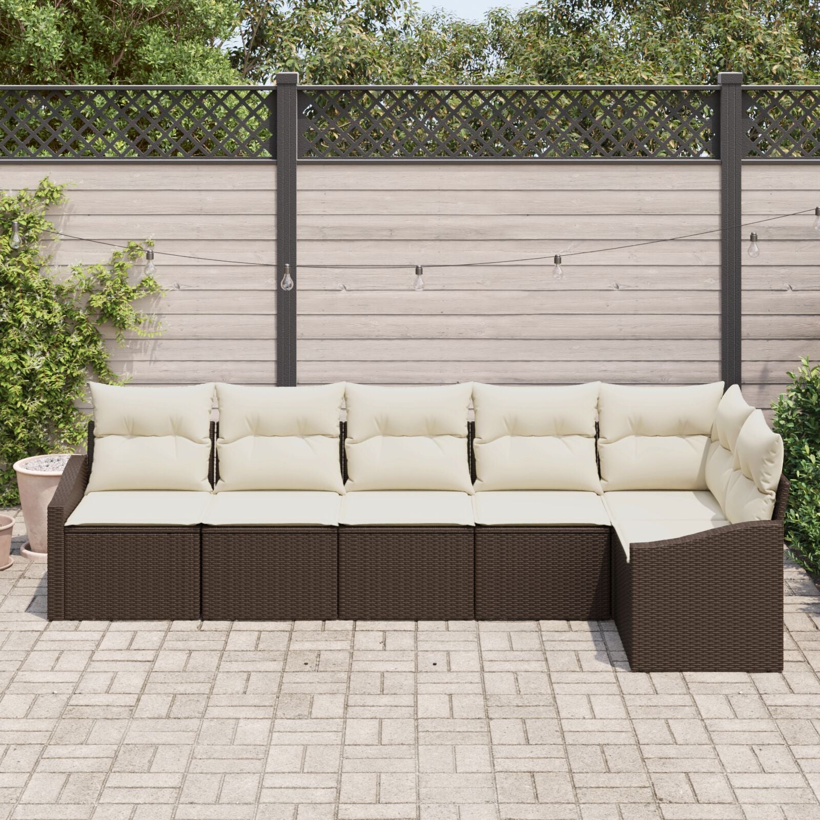 6-Delige Tuinsofa Set Met Kussens Poly Rattan Bruin en crème zonder tafel