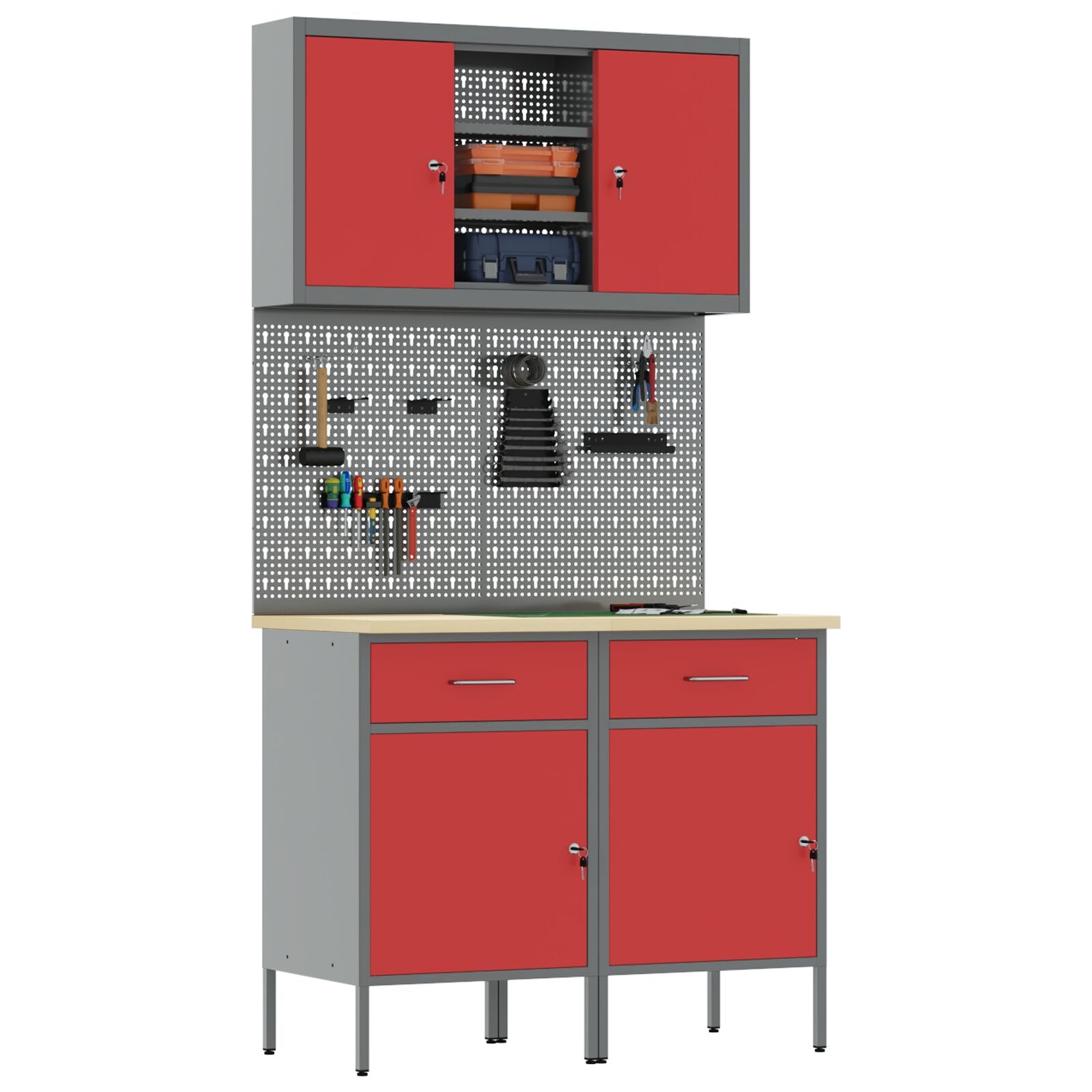 6-Delige Werkbankset Staal 2x (84 cm) Rood 2x kast + 2x prikbord + 2x kast met deur
