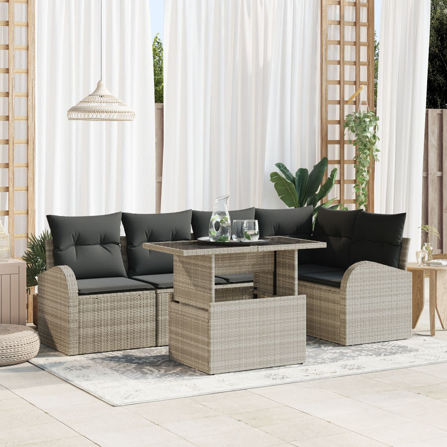 6-Delig Tuinbankstel Met Kussens Lichtgrijs Poly Rattan