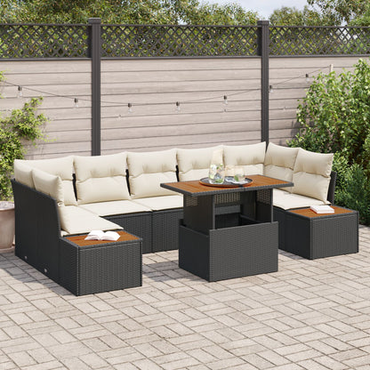 8-Delige Tuin Eettafel Set Met Kussens Zwarte Poly Rattan Acacia