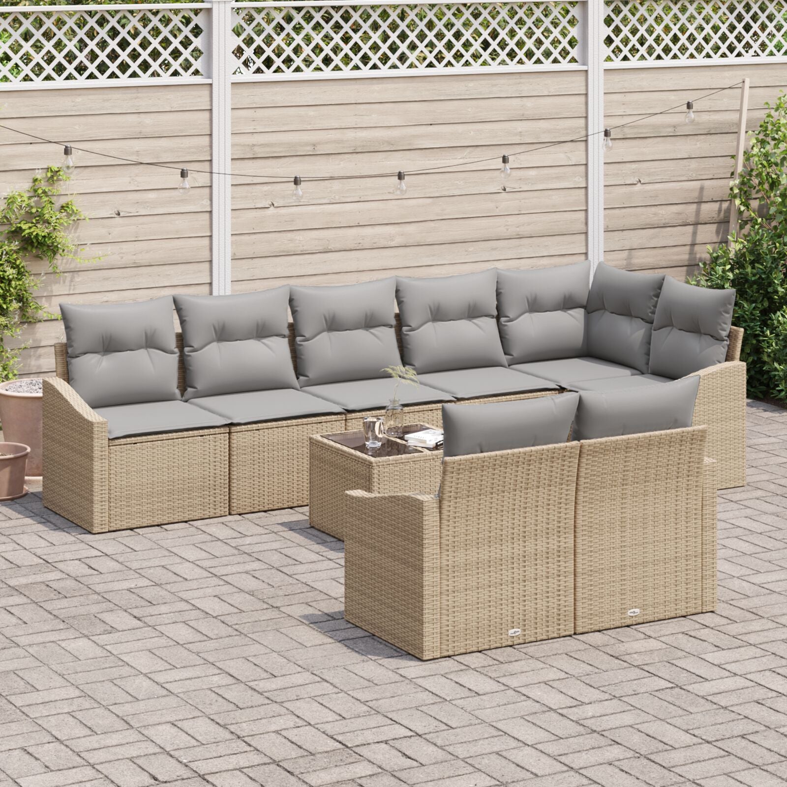 Tuinbankset 9 Stukken Beige Poly Rattan Vier-Zits Buitenbank