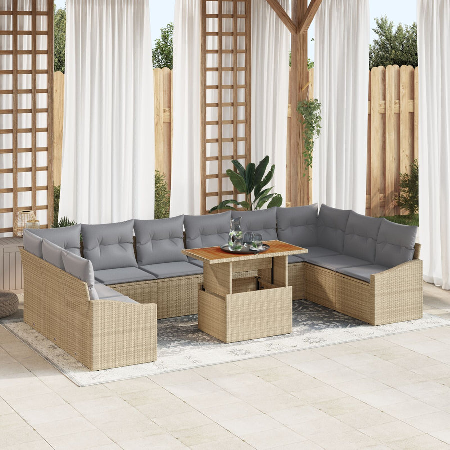 11-Delige Tuinbankset Met Kussens Beige Poly Rattan