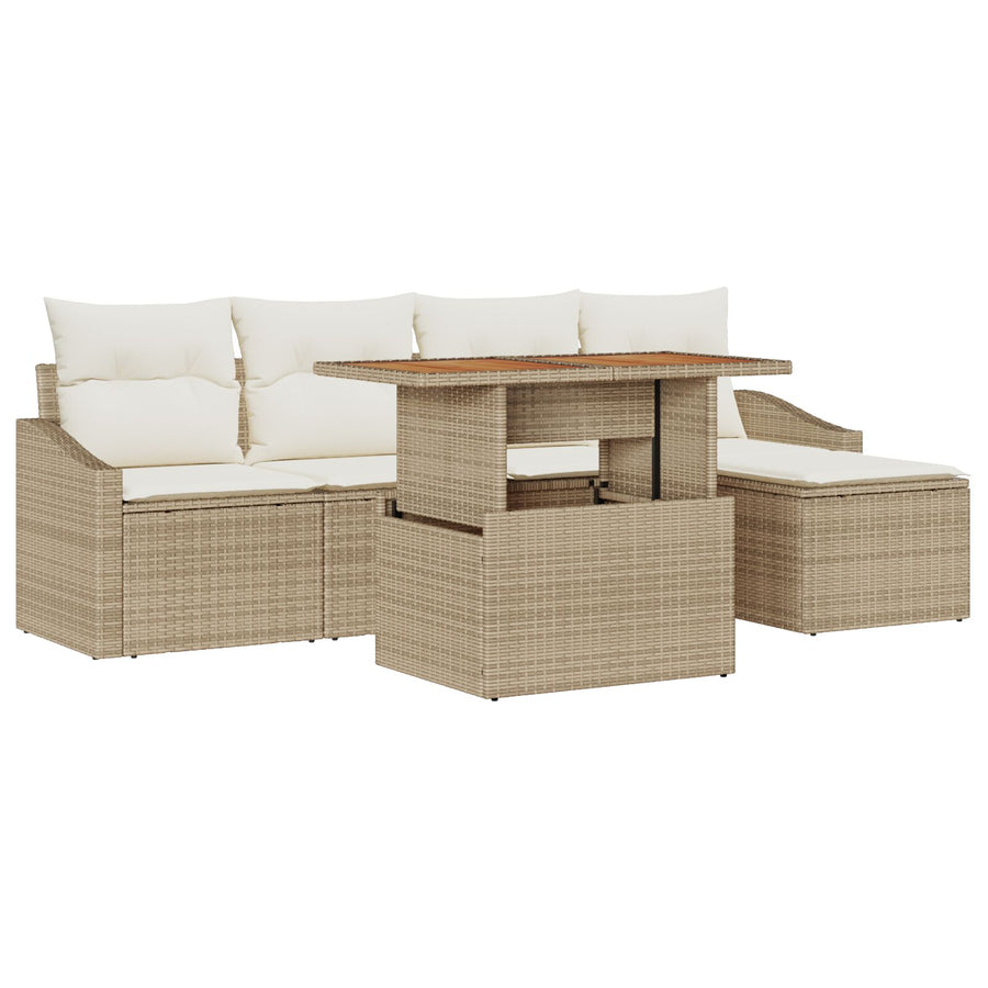 6 Delige Tuin Eetset Met Kussens Beige Poly Rattan Acacia