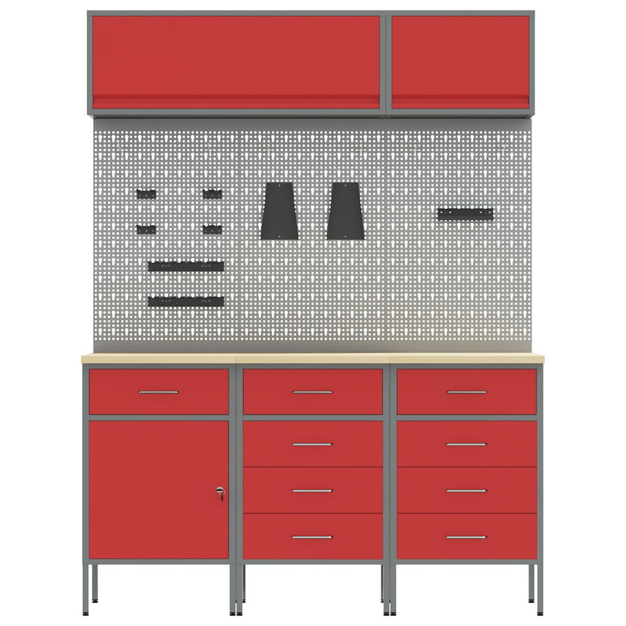 8-Delige Werkbank Set Staal 3x (84/85/85 cm) Rood 3x kast + 3x pegboard + 2x kast met deur