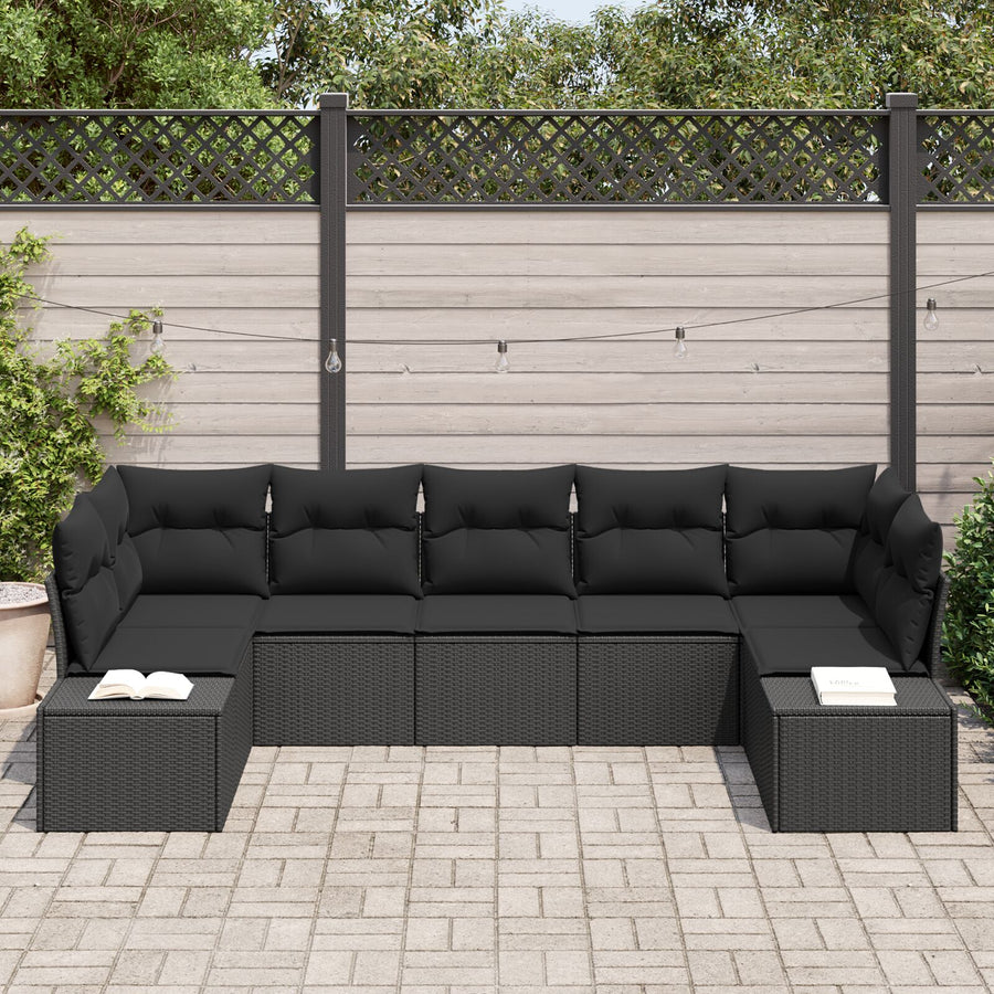 7-Delige Tuin Sofa Set Met Kussens Zwart Poly Rattan