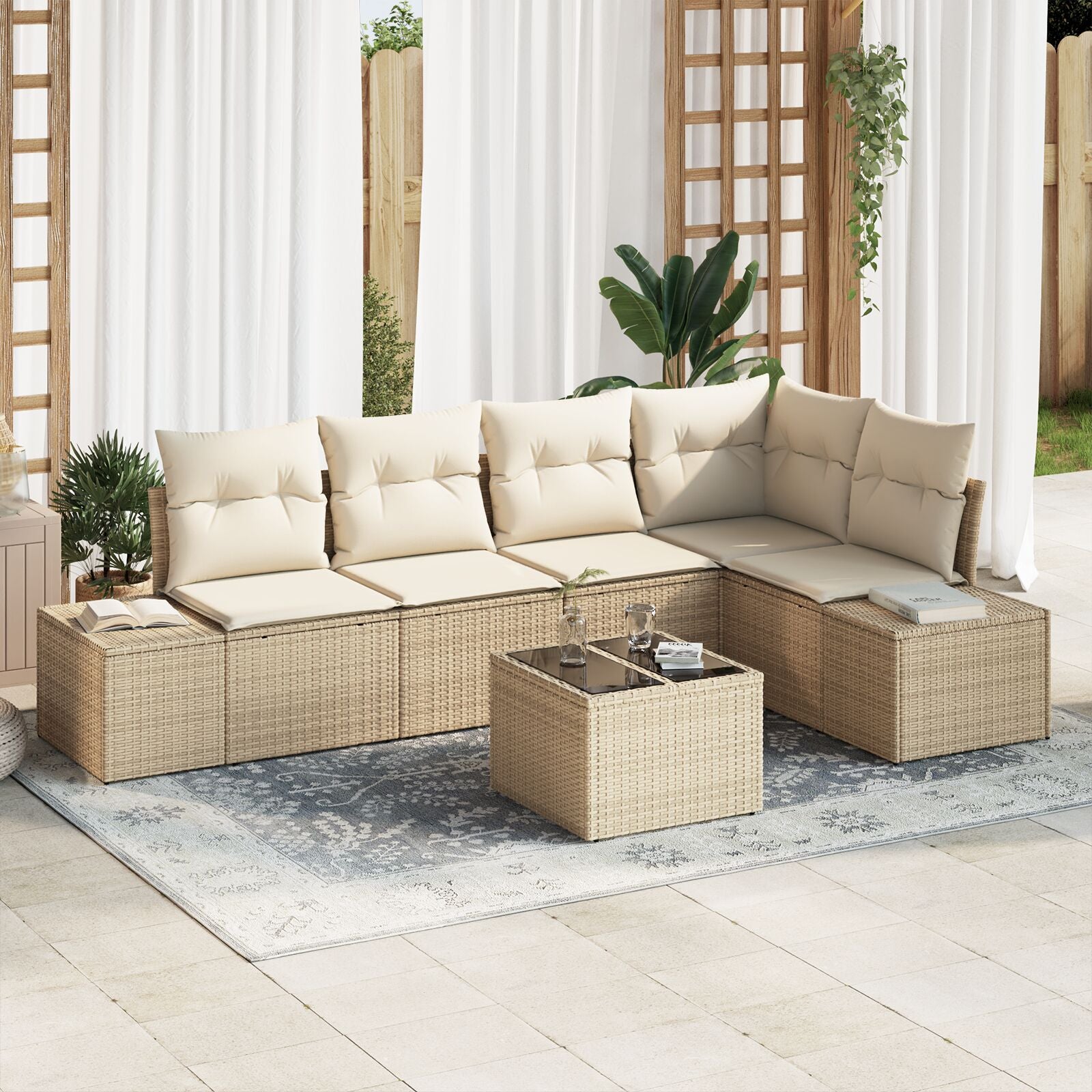 6-Delige Tuin Sofa Set Met Kussens Bruin Poly Rattan Beige en Wit met tafel