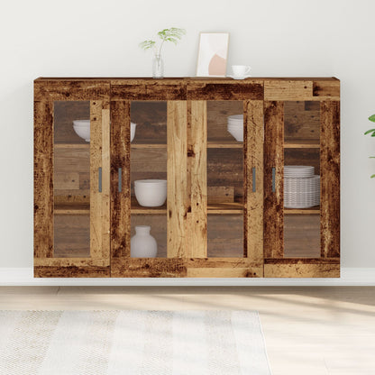Wandkast Set Van 2 Oud Hout, Zwart Bewerkt Hout, Glas
